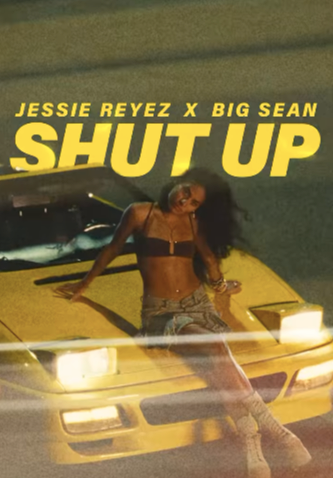 Jessie Reyez sitting on a yellow car wearing a bikini top and skirt and boots for a song cover