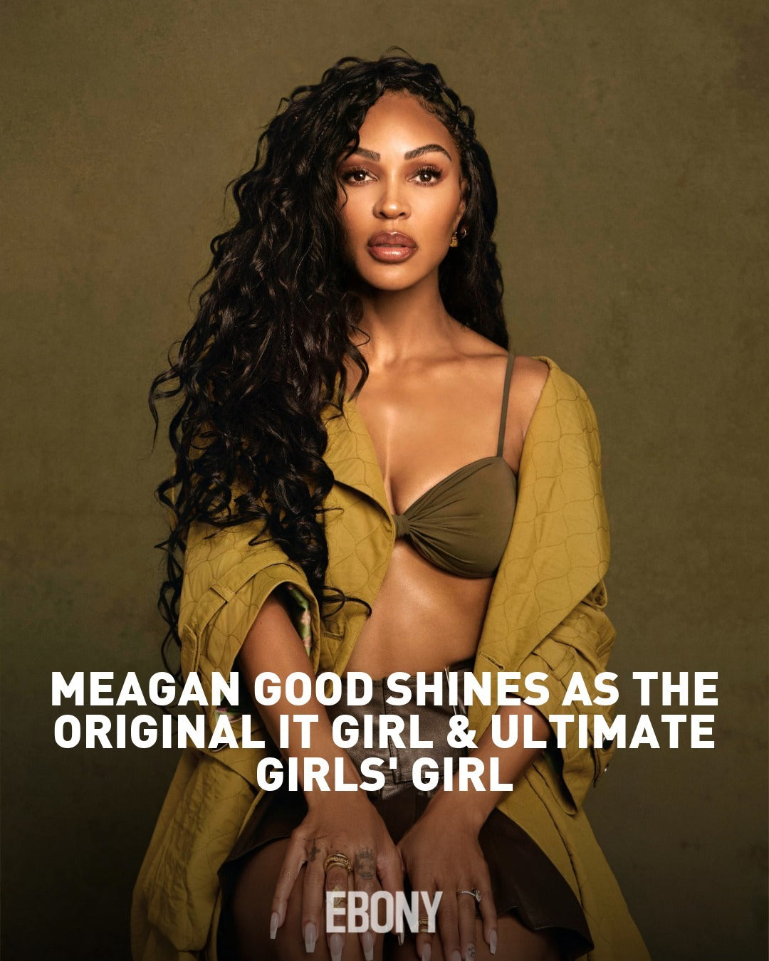 Meagan Good wearing the Palermo bikini top in Basil against an olive background for Ebony Magazine