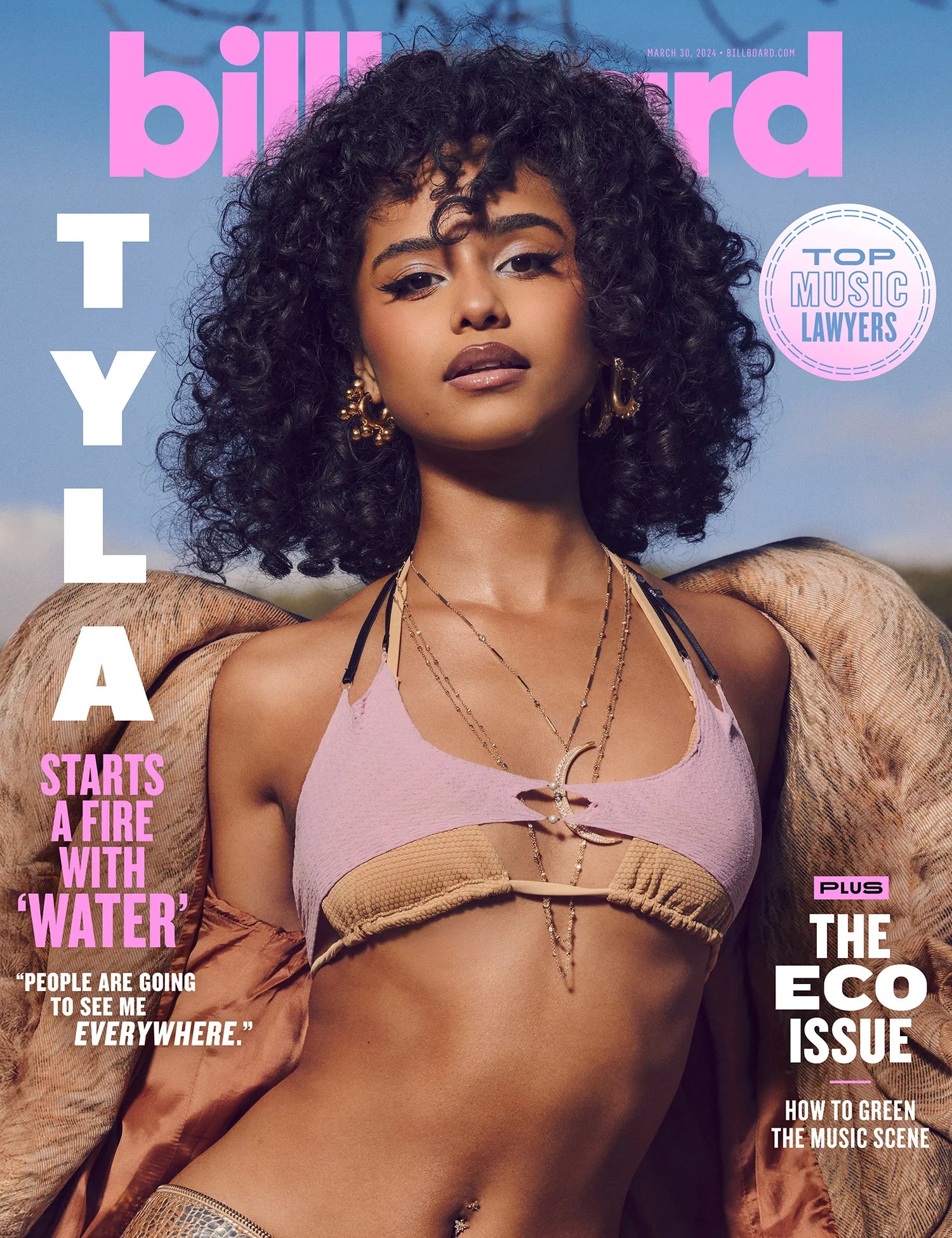 Tyla on the cover of Billboard magazine wearing the Rain bikini top layered with another top.
