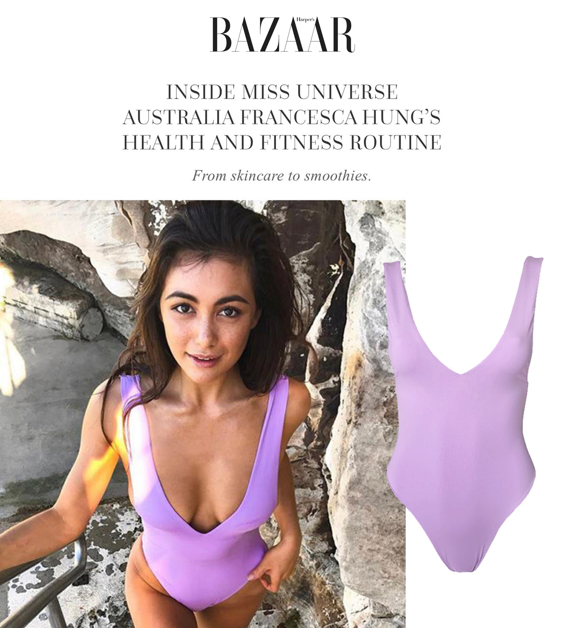 Excerpt featuring Slate Swim in Harper's Bazaar Magazine with a purple one piece