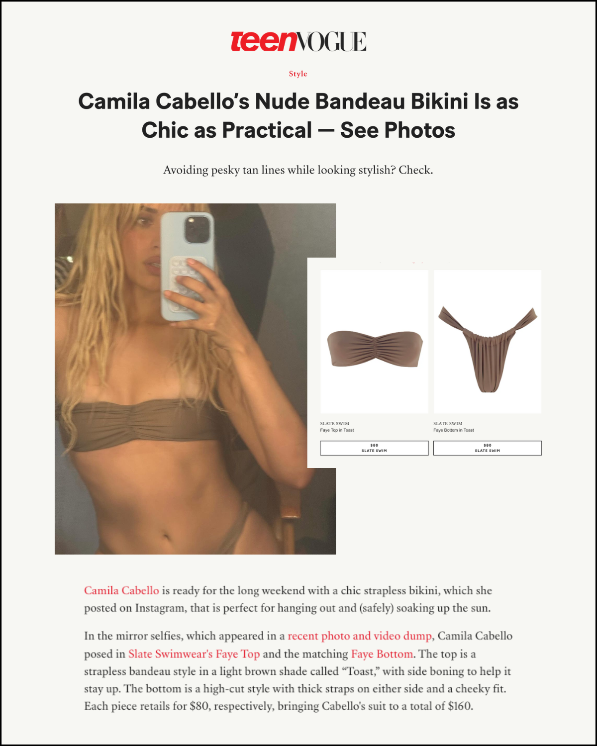 Excerpt featuring Slate Swim on Camila Cabello in Teen Vogue Magazine